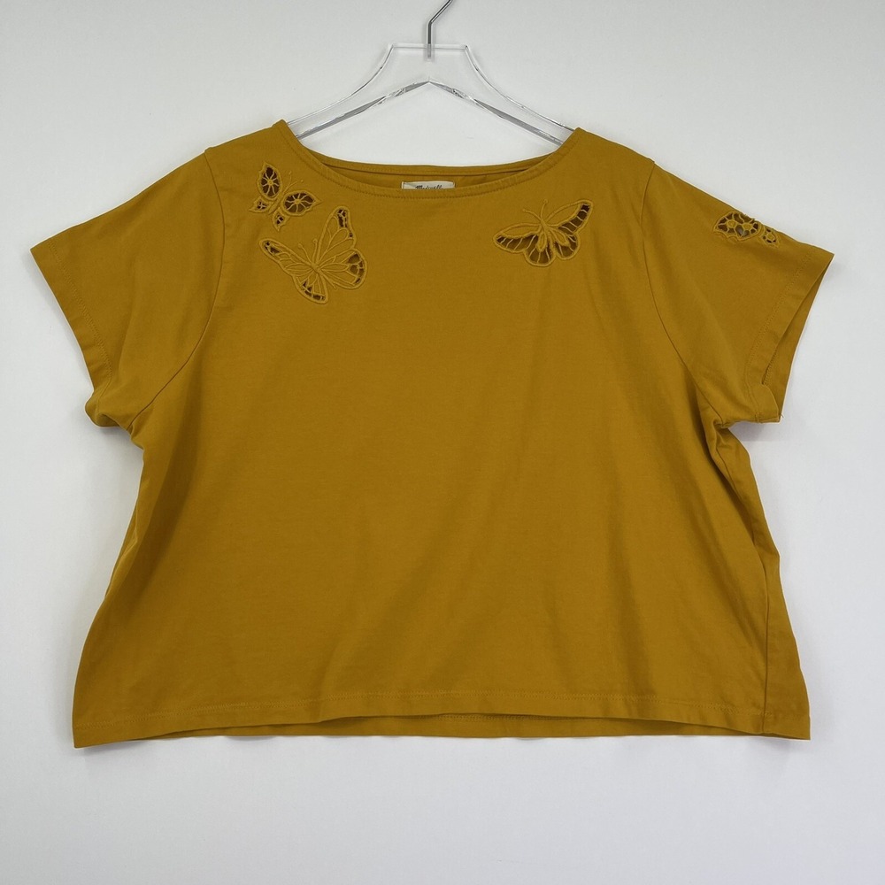 Madewell Womens Top XL Yellow Butterflies Embroidered Short Sleeve Blouse